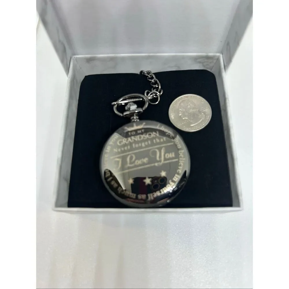 👑 To My Grandson Pocket Watch – Sentimental Keepsake Gift – Quartz – With Chain